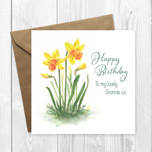 Personalised Yellow daffodil birthday card for mum, grandmother, friend, wife