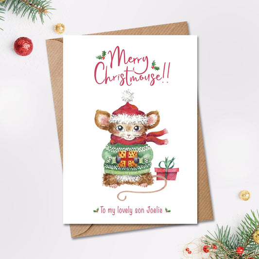 Personalised merry Christmouse card with whimsical illustration of a cute mouse in a Christmas jumper - for son, daughter or grandchild