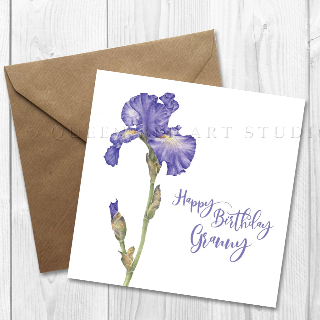 Personalised happy birthday card for grandmother with blue iris, can be printed inside.