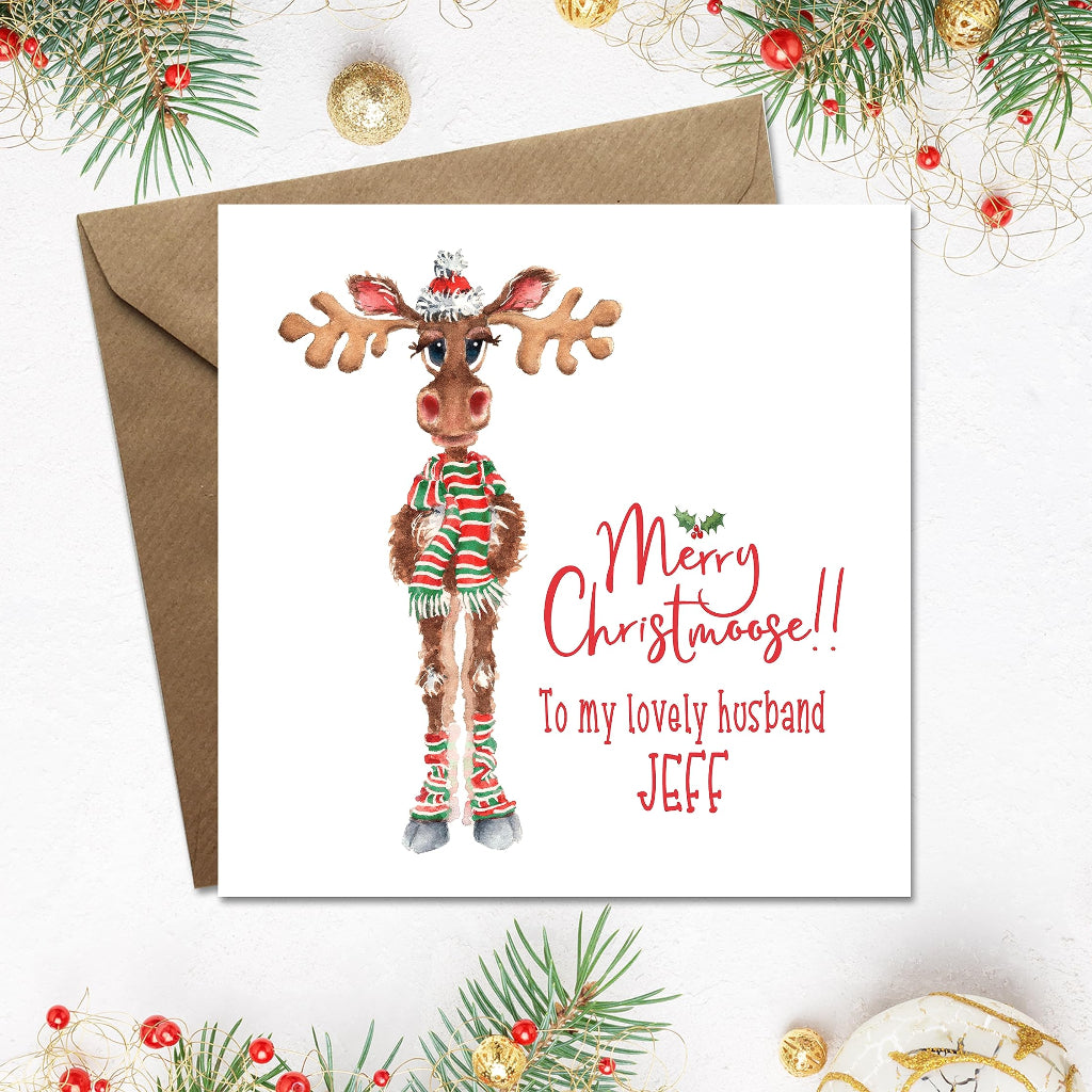 Personalised christmas card for husband or wife with funny moose on the front