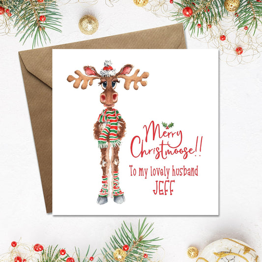 Personalised christmas card for husband or wife with funny moose on the front