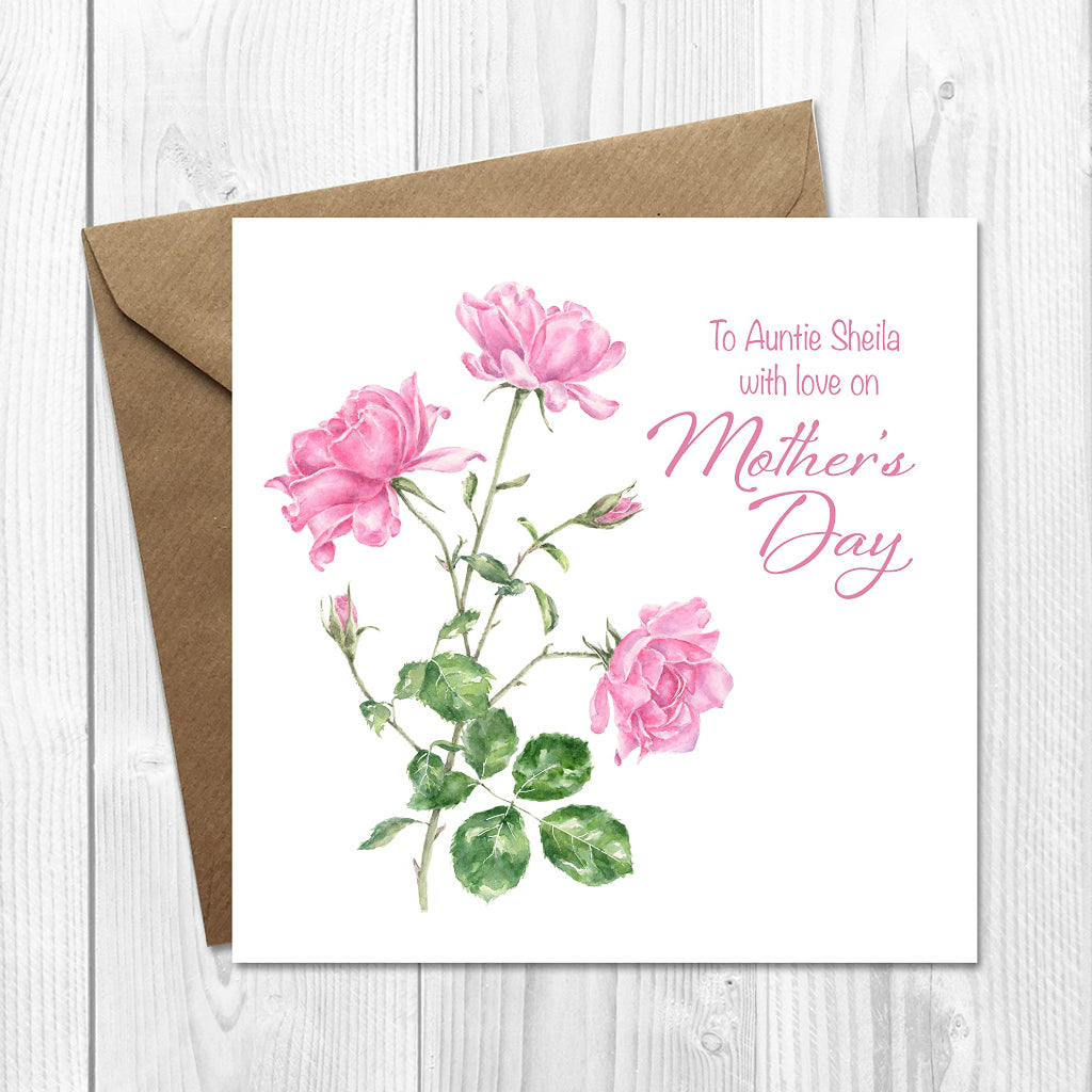 Personalised mother's day card for an auntie, mum or grandmother with pretty pink roses on the front