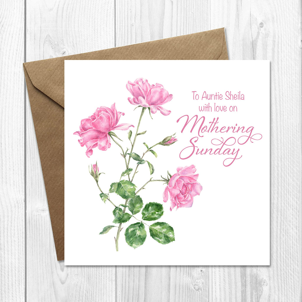 Personalised Mothering Sunday Card with traditional painting of 3 pink roses and rose buds