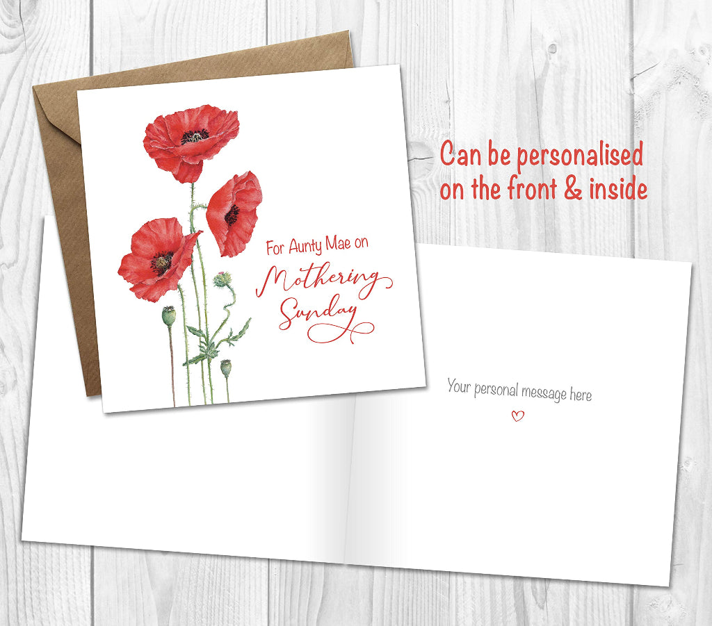 Red poppy Mothering Sunday card, personalised on the front and printed with your personal message inside.
