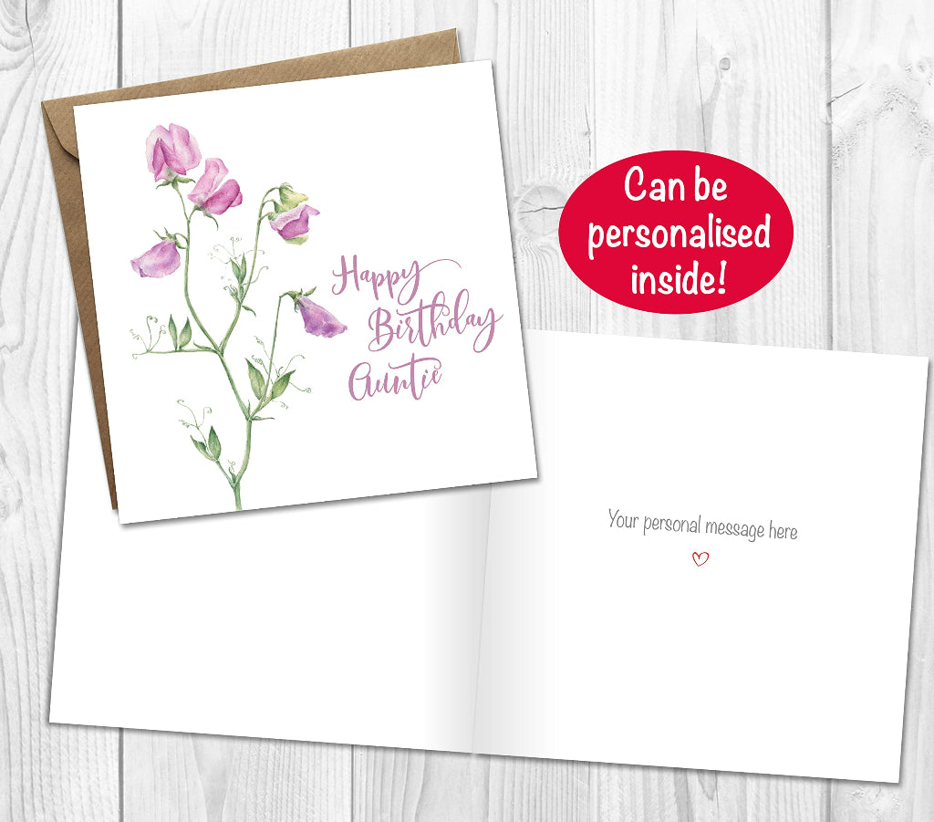 Personalised pink sweet pea birthday card customised greeting printed inside