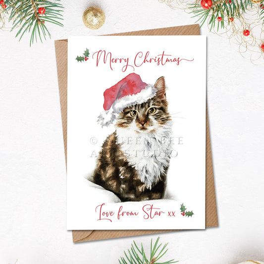 Personalised christmas card with a watercolour painting of long-haired tabby and white cat, printed with cat's name