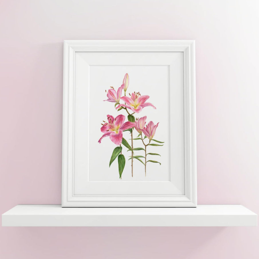 Small Framed floral picture of pink lily on a shelf in blush pink room setting