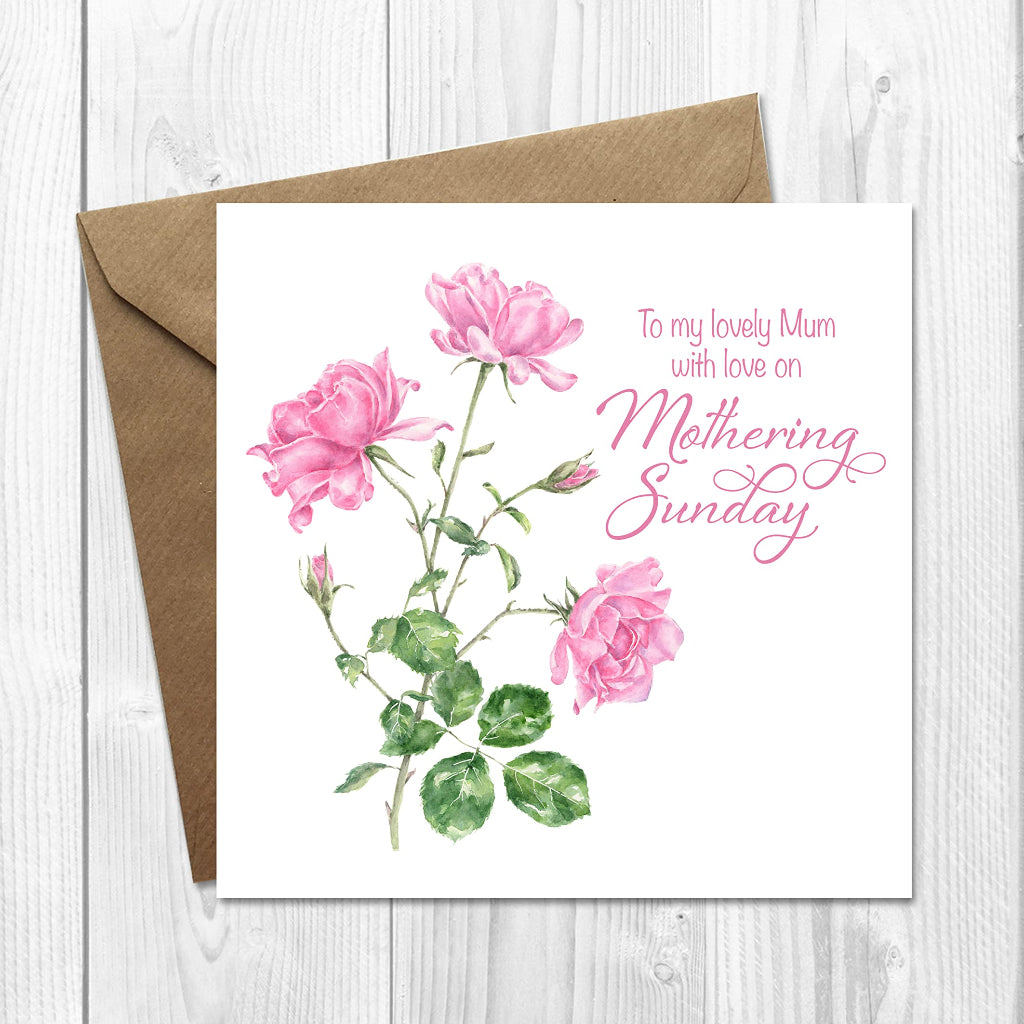 With love on Mothering Sunday Card with traditional painting of 3 pink roses and rose buds