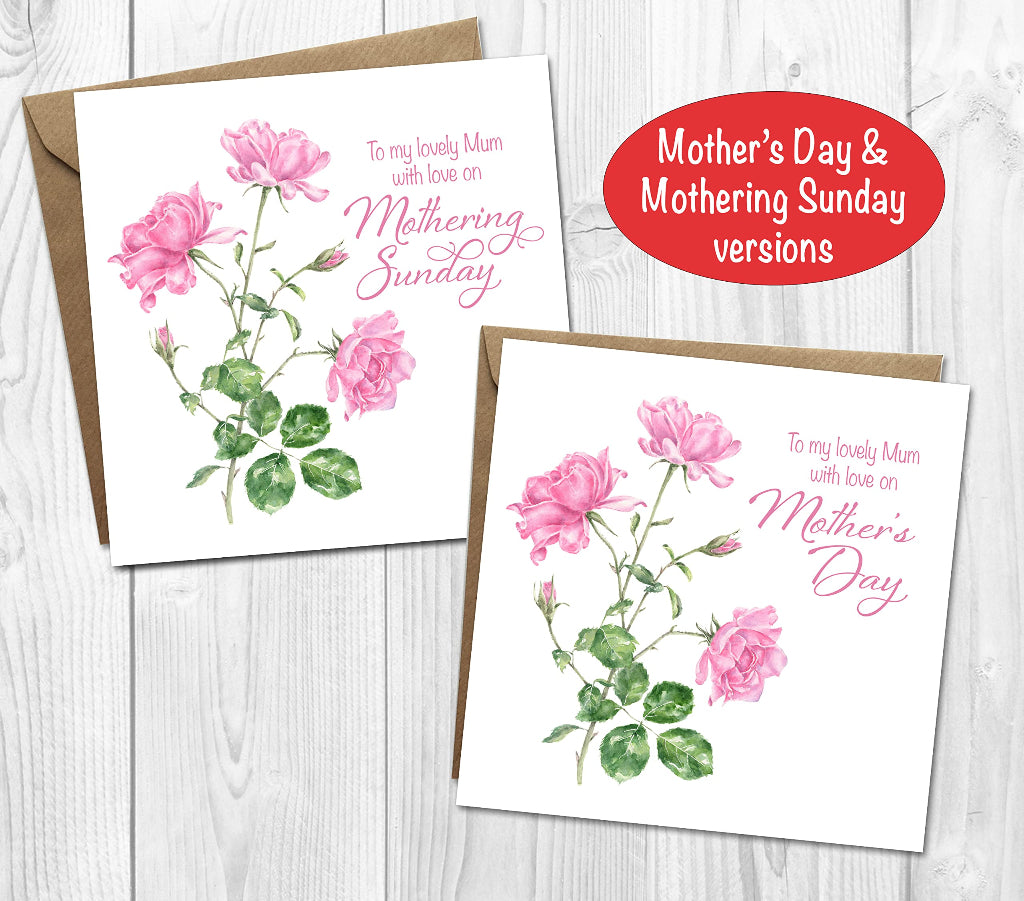 2 pretty mother's day cards with pretty pink roses on the front, one with Mothering Sunday and the other with love from Mother's Day