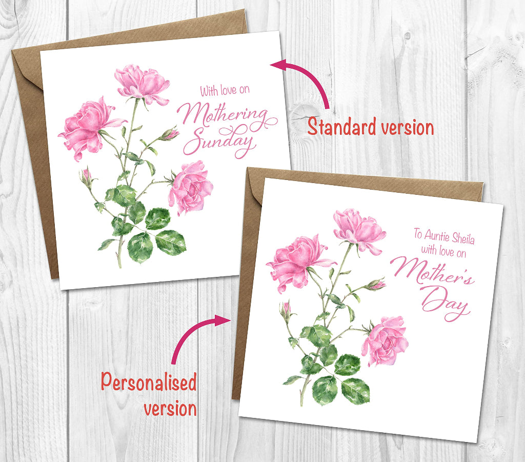 2 mother's day cards with a watercolour painting of pink roses, one which is personalised for an auntie, the other printed just with love on mothering sunday