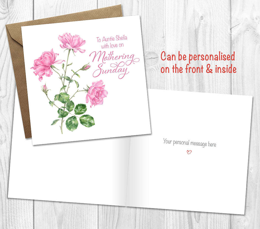 Pretty mothering sunday card with pink roses, personalised on the front and printed inside with a custom message