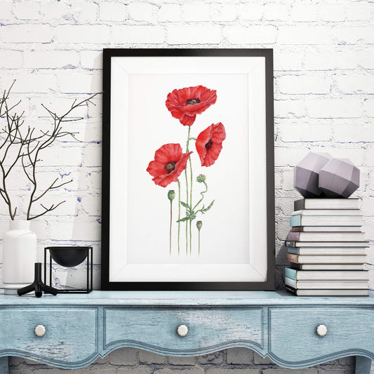 Large framed Red Poppy art print on cupboard, in a room setting