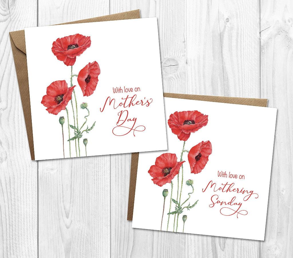 2 red poppy cards, one with Mother's Day and the other with Mothering Sunday printed on the front