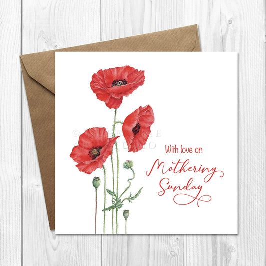 Mothering Sunday greeting card illustrated with red poppies