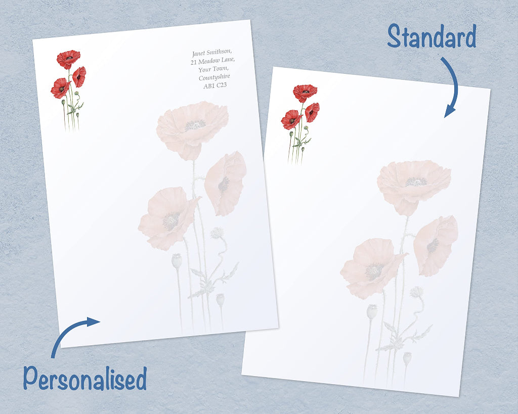 Red poppy writing paper, showing options with  personalised name and address, and standard non-personalised paper
