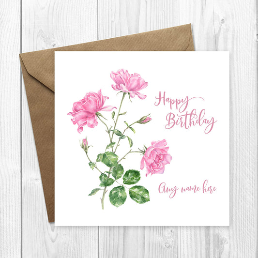 Pretty Birthday Card with Pink Roses for mum or grandma can be personalised with any name