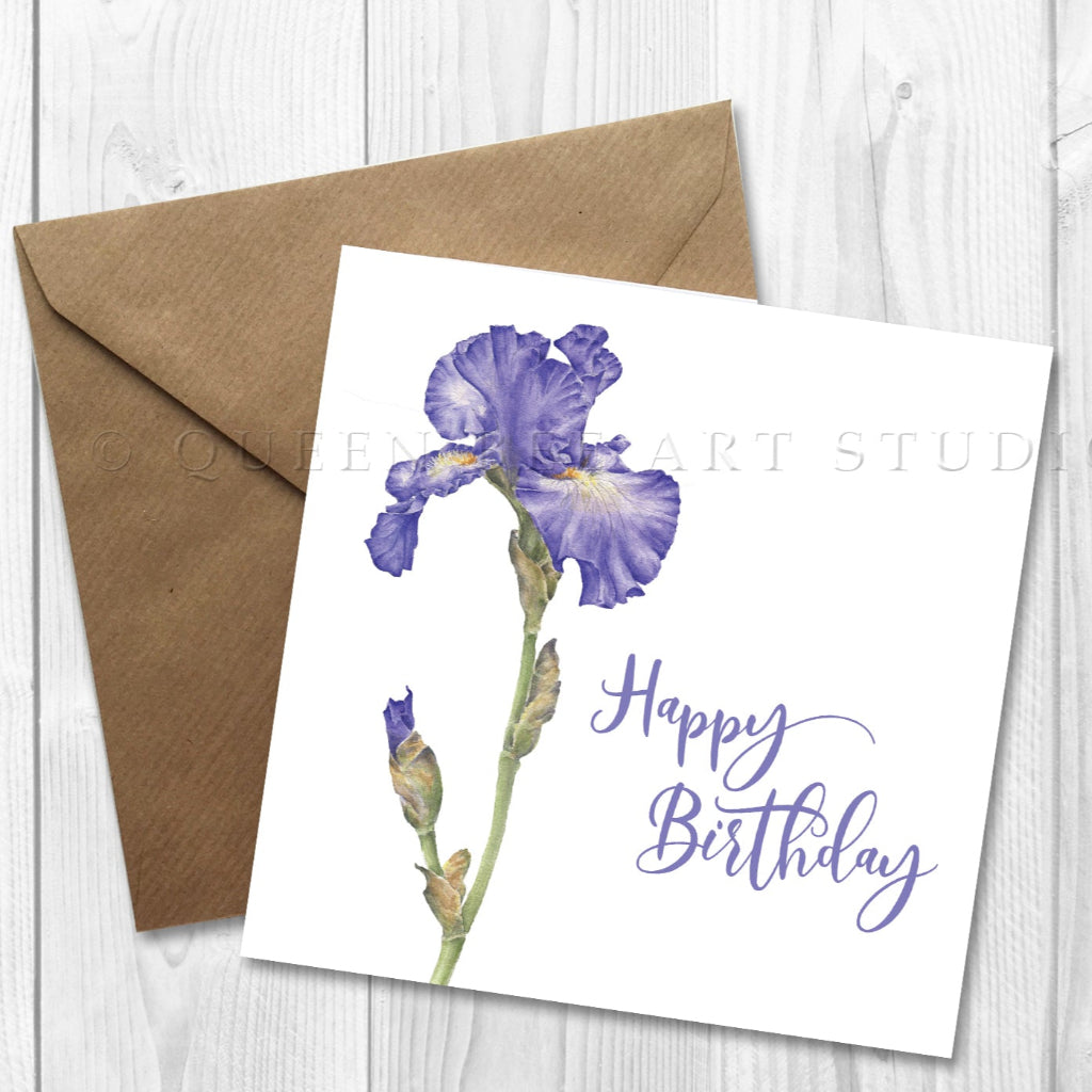 Purple iris germanica birthday card, traditional flower card for woman, mother, grandmother, aunt