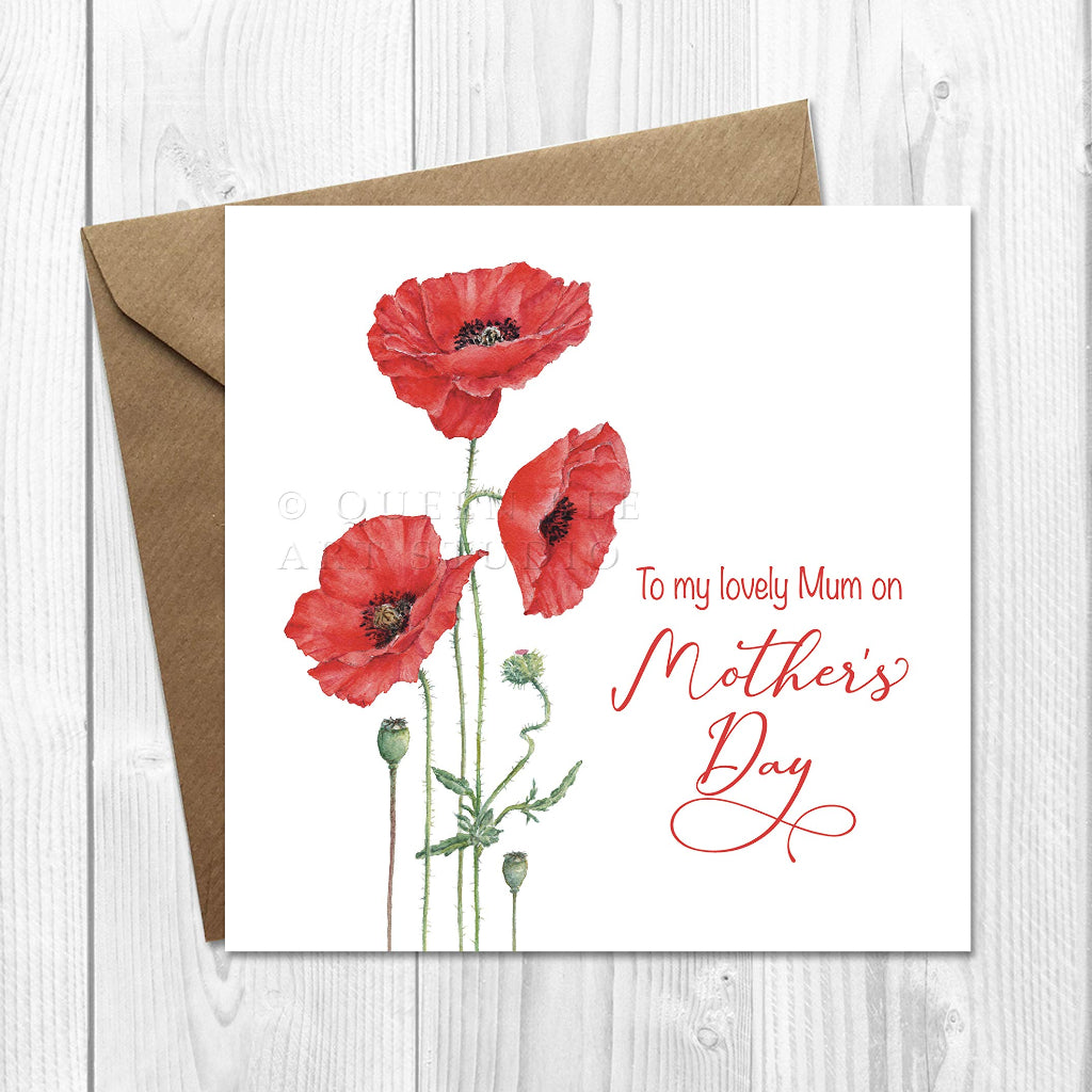 Red poppy greeting card, printed with the words To my lovely Mum on Mother's Day