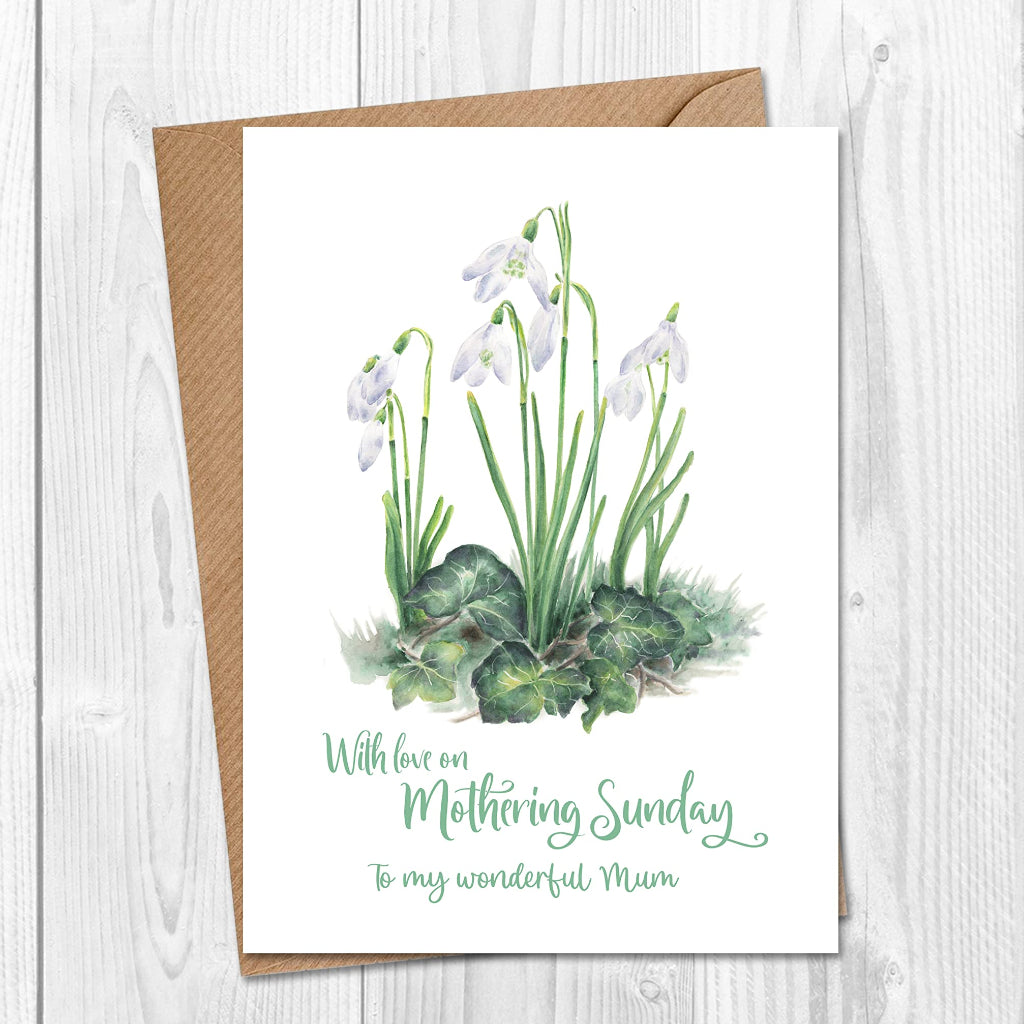 Snowdrop greeting card with text saying With Love on Mothering Sunday to my wonderful Mum