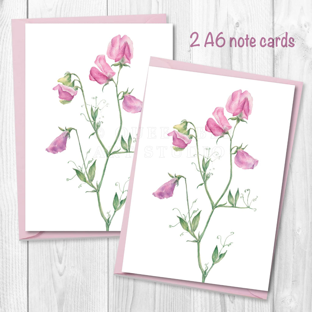 2 note cards and pink envelopes printed with pretty pink sweet peas