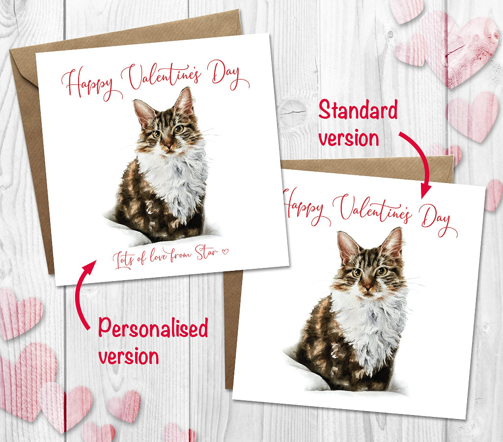 2 valentine's day cards from the cat with beautiful tabby cat illustration showing customisation options