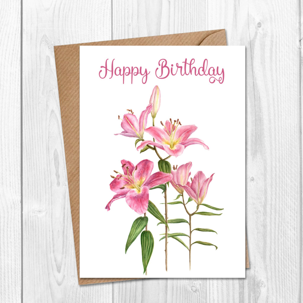 Traditional Happy birthday pink lily card 
