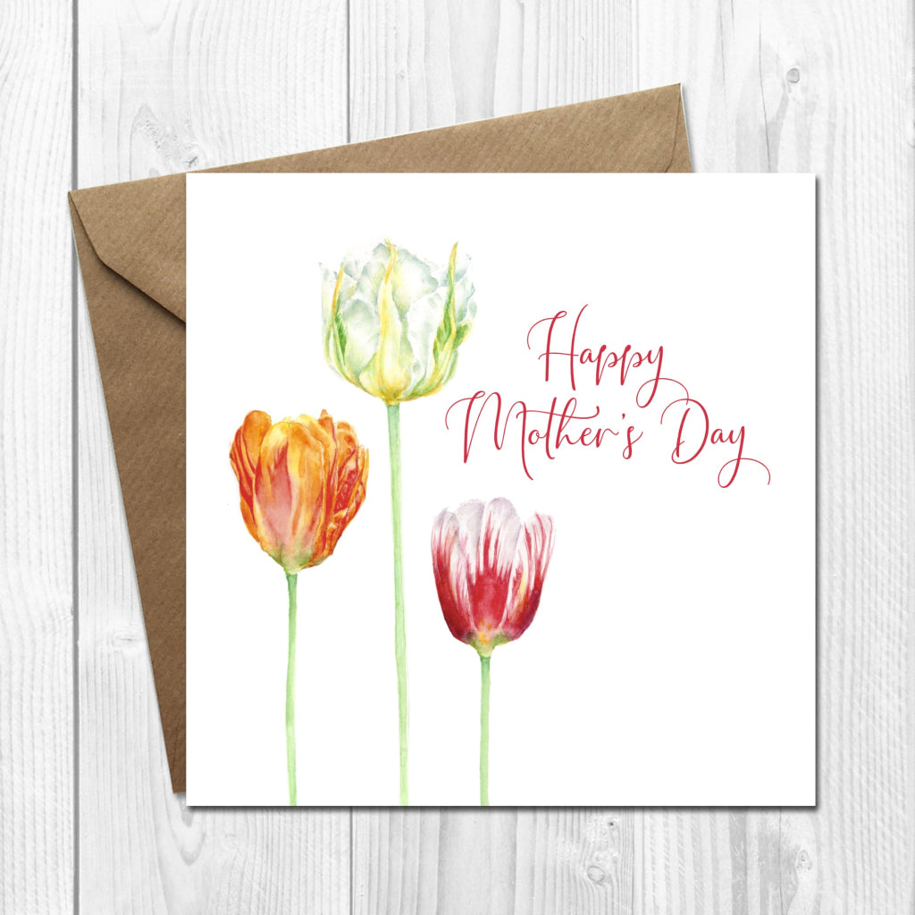Happy Mother's Day card with pink, white and orange tulips on the front