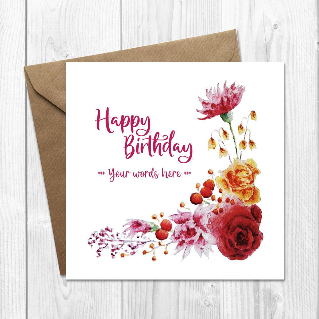personalised birthday card with deep red gold and pink flowers in border