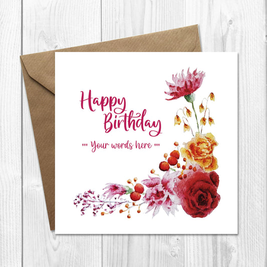 personalised birthday card with deep red gold and pink flowers in border