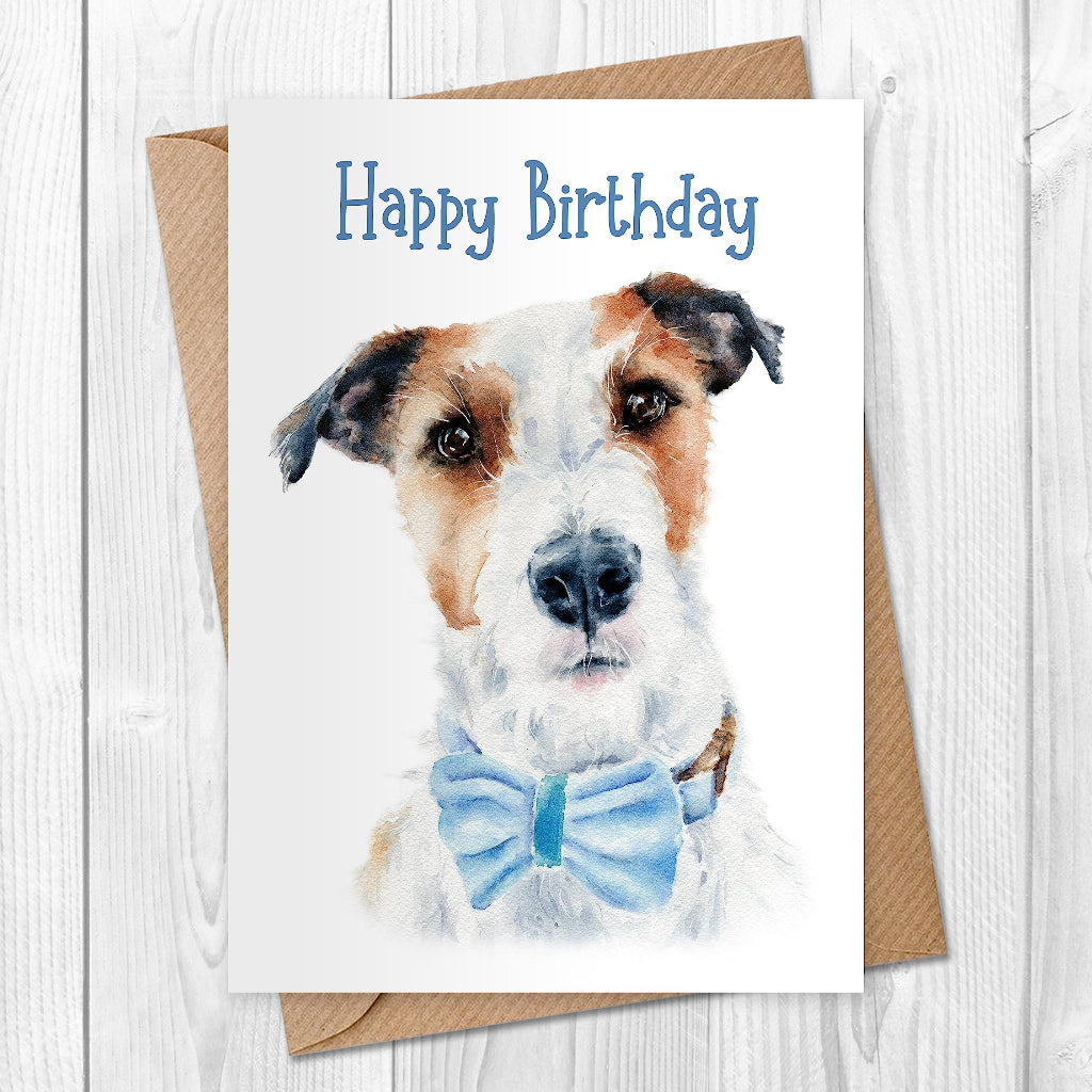 White & tan wire haired parsons Jack Russell Birthday Card from the Dog for owner