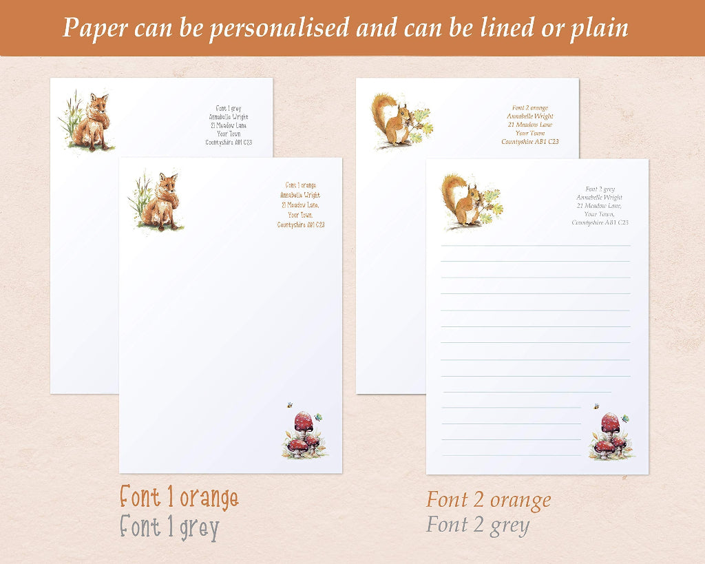 Different options of font and colour for personalised fox and squirrel writing paper, with lines or without