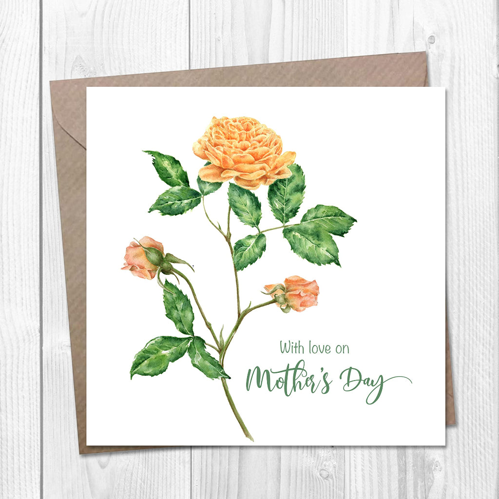 A floral mother's day card with a botanical illustration of a Yellow rose and rose buds
