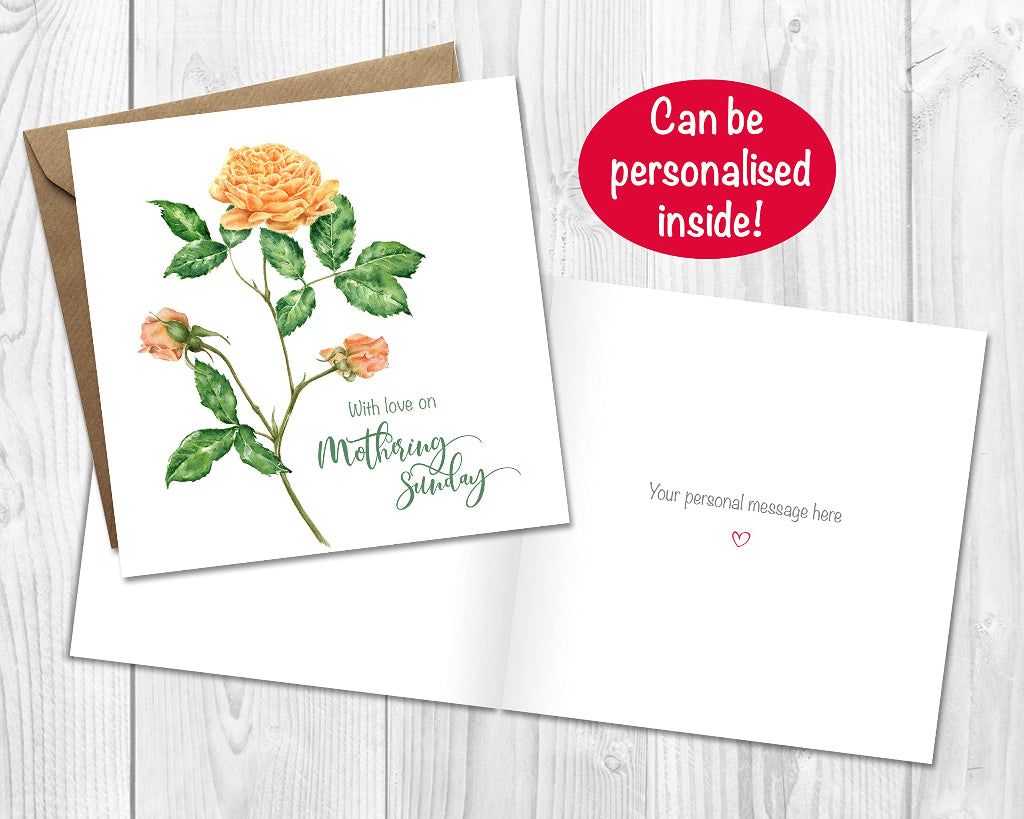 Yellow rose mothering Sunday day card printed inside with a personalised message