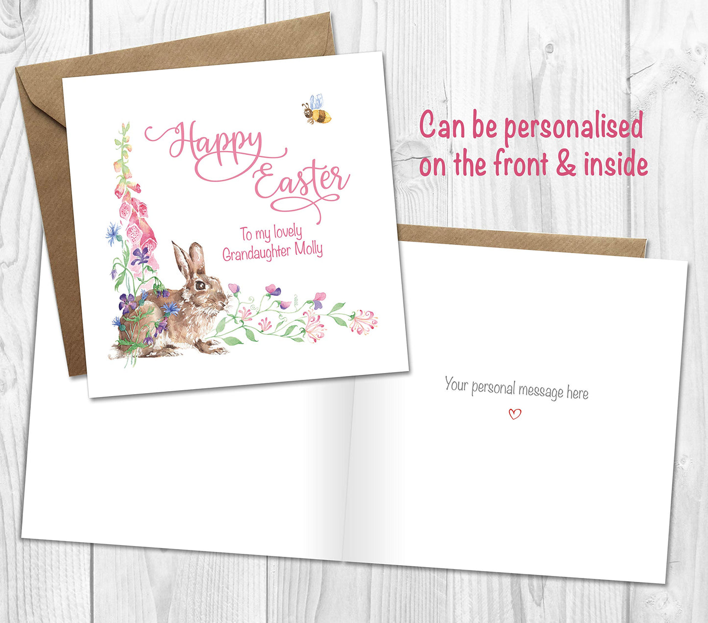 Personalised Easter card for granddaughter with Easter bunny, floral Easter rabbit card for child, custom greeting card with spring flowers