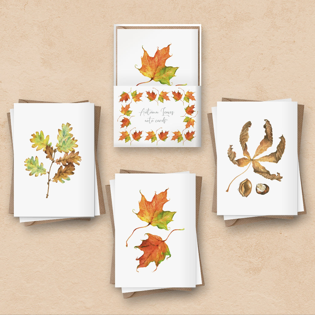 set of 6 autumn leaves note cards with 3 different designs, oak, chestnut and maple leaves