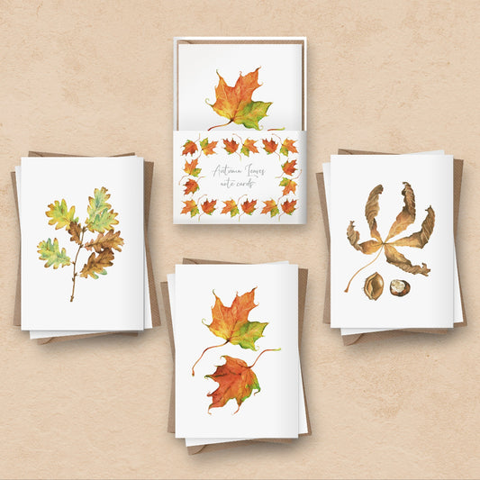 set of 6 autumn leaves note cards with 3 different designs, oak, chestnut and maple leaves