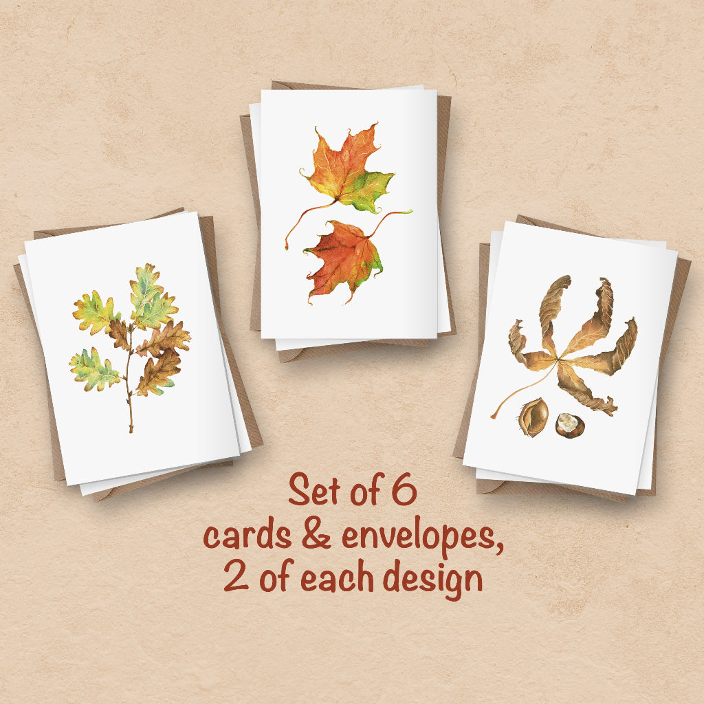 3 different autumn or fall leaf notelets with watercolour illustrations of oak, maple leaves and chestnut showing their autumn colour
