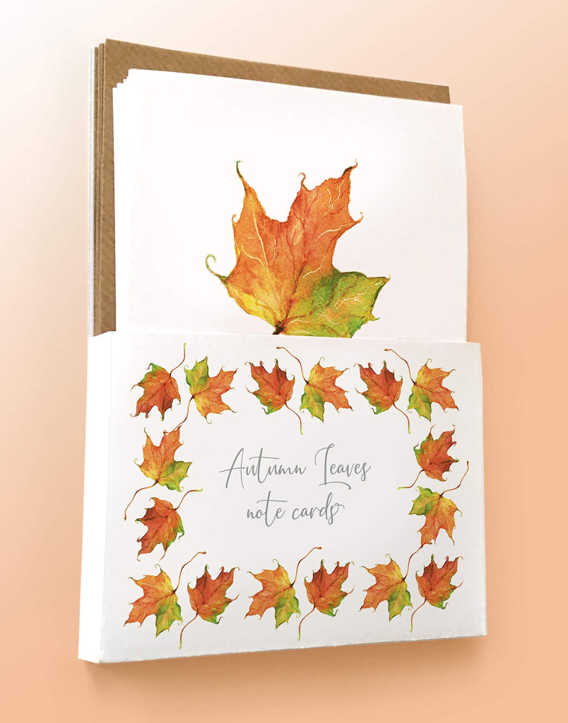 set of 6 autumn leaves note cards in a pretty presentation gift pack with fall coloured maple leaves on the front