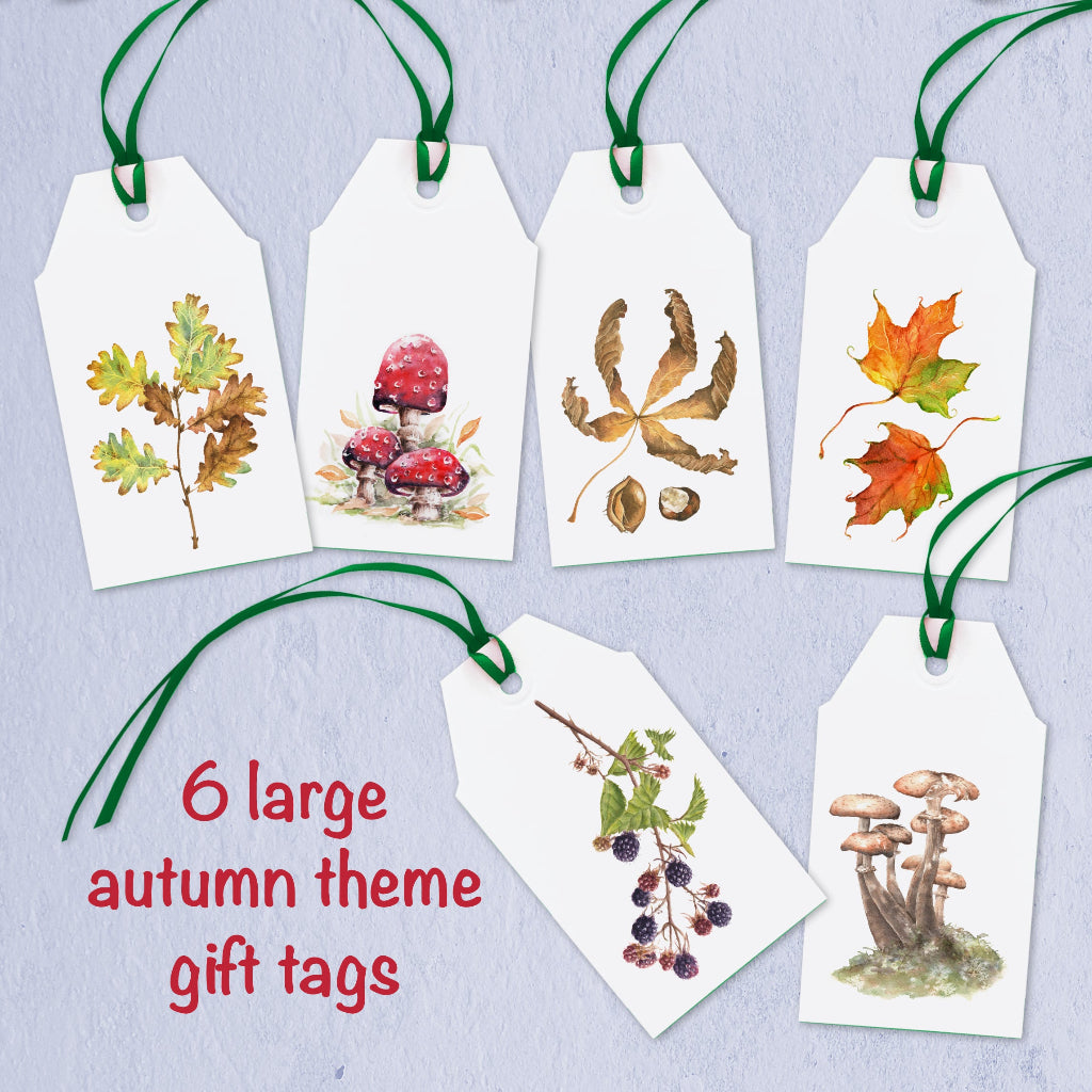 Set of 6 large autumn-themed gift tags with illustrations of fall leaves, toadstool, mushroom and berries on a light blue background.
