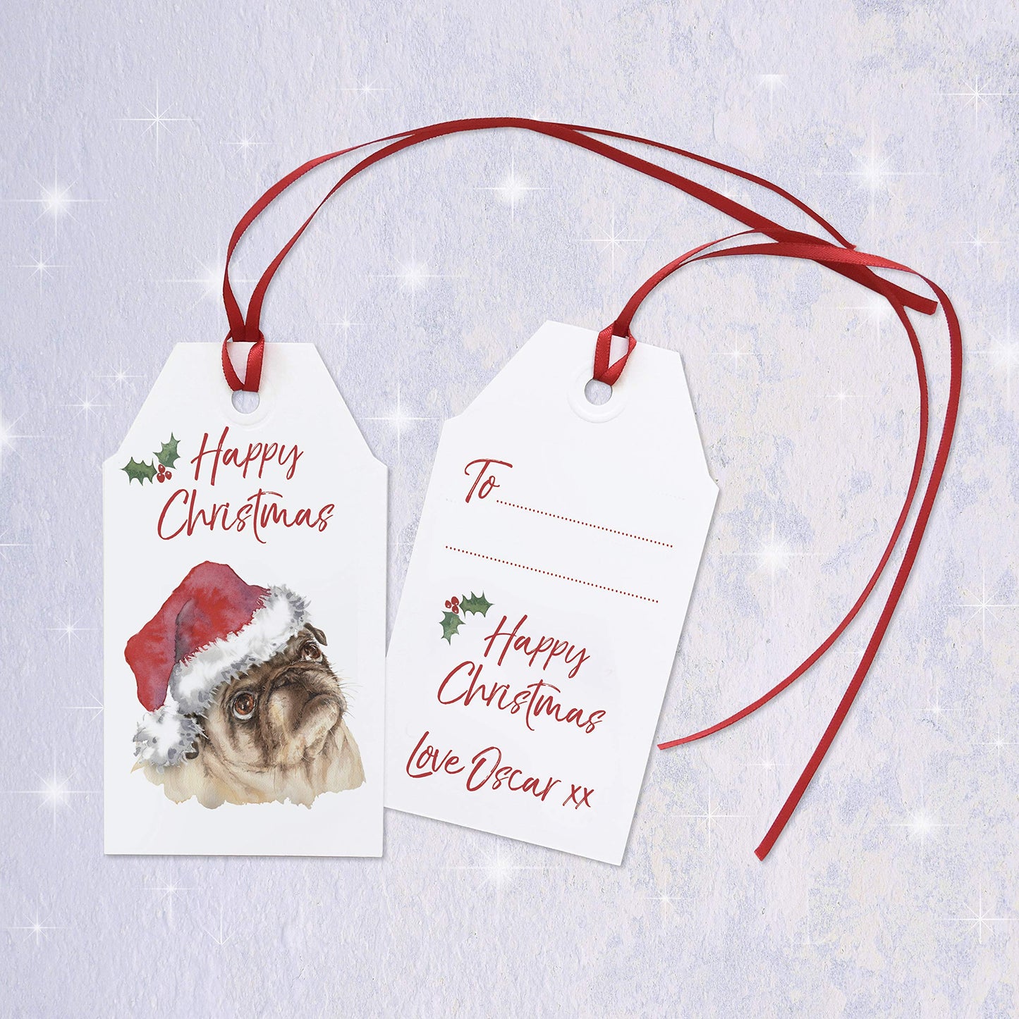 Set of 6 Cute Pug Christmas Gift Tags with Ribbon – can be Personalised
