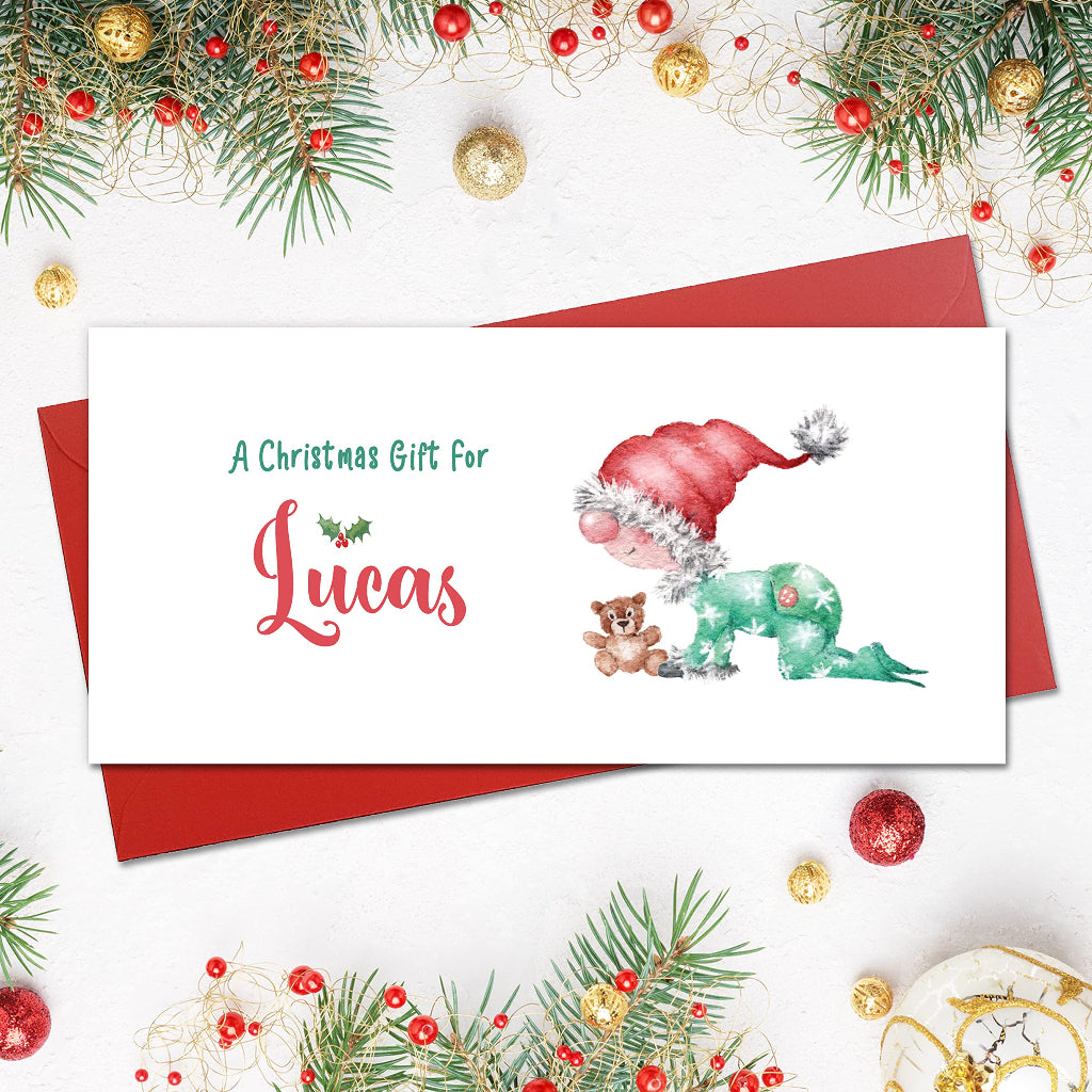 personalised Christmas gift card for baby boy or girl with a cute funny baby in santa hat on front, for cash, gift vouchers, tokens