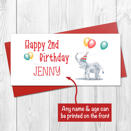 cute baby elephant birthday gift card customised with any name and birthday age