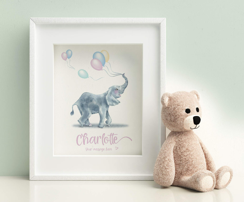 Personalised framed nursery art print with cute baby elephant and balloons