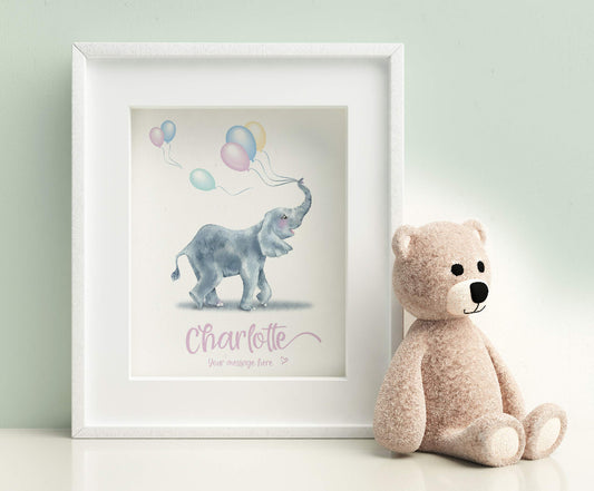 Personalised framed nursery art print with cute baby elephant and balloons