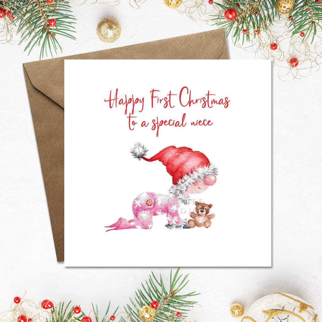 Happy 1st christmas to a special niece card, with a cute illustration of a crawling baby girl in a pink babygrow in a santa hat