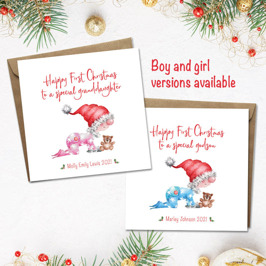 Two 1st Christmas cards with cute picture of  baby boy and girl in pink or blue. Personalised for special granddaughter, godson