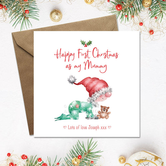 1st Christmas card as my mummy and daddy with a cute baby in a green babygrow and red hat holding a teddy.
