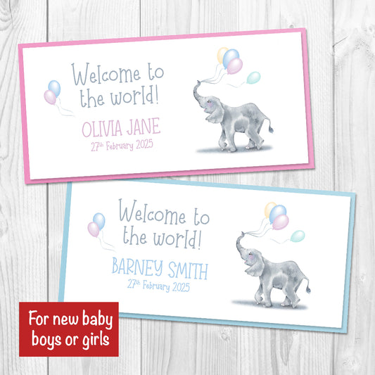 2 Welcome to the World money wallet cards with cute baby elephant on the front, personalised with name and birthday with blue or pink envelope