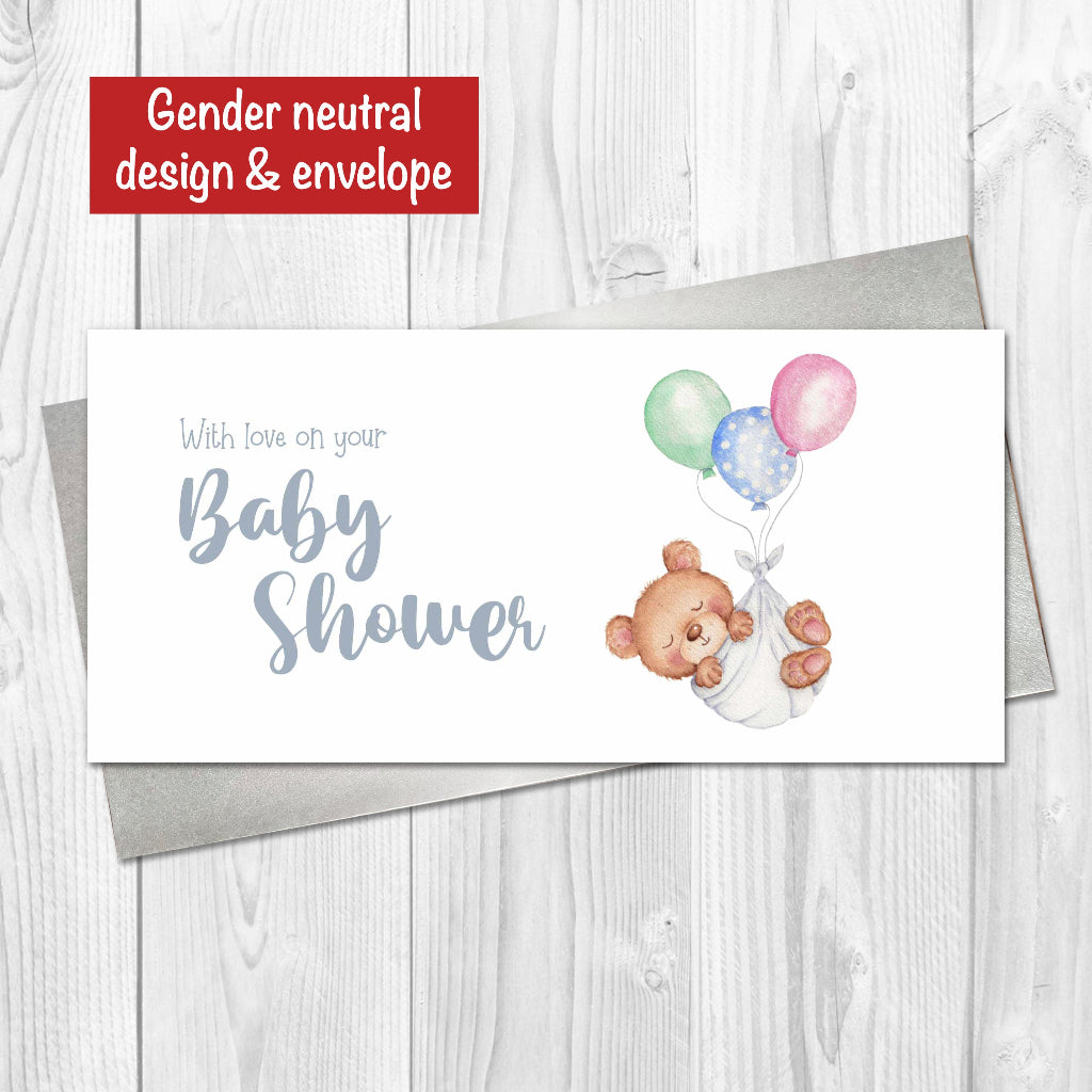 Gender neutral baby shower money wallet card with cute bear and balloons watercolour illustration