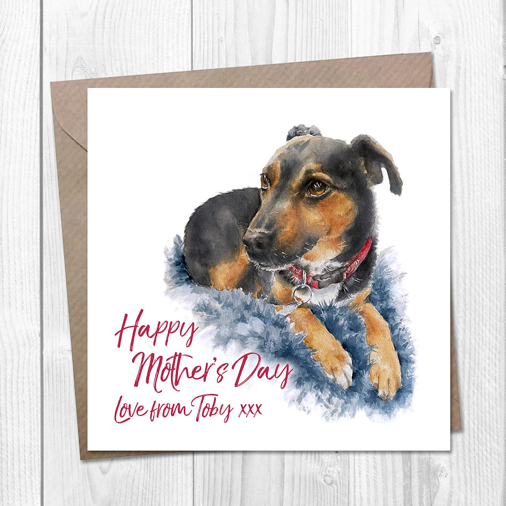 Personalised Happy Mother's Day card from the dog, printed with your dog's name. The cover has an illustration of a black & tan terrier